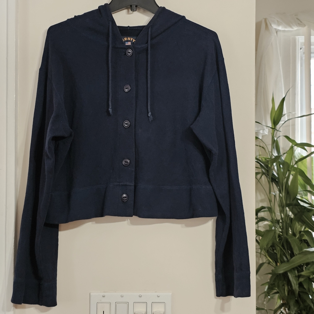 Freestyle USA The Limited Navy Blue Button-Up Women's Drawstring Hoodie Top